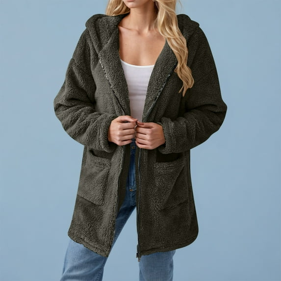 CFLVAEK Sherpa Jackets for Women with Hood Soft Fuzzy Fleece Hoodies Casual Zip Up Jacket Solid Color Fall Winter Outwear with Pockets Army Green M