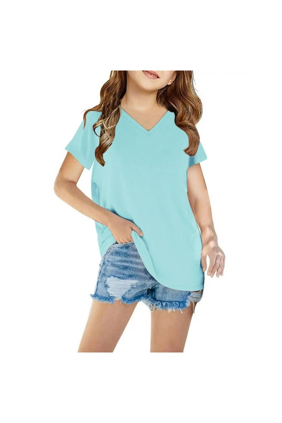 Shirts for Girls Summer Casual Short Sleeve Tshirt Loose Fit V Neck Tops Plain Color Basic Tees Light Blue 3-4 Years