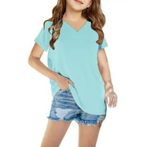 CFLVAEK Shirts for Girls Summer Casual Short Sleeve Tshirt Loose Fit V Neck Tops Plain Color Basic Tees Light Blue 4-5 Years