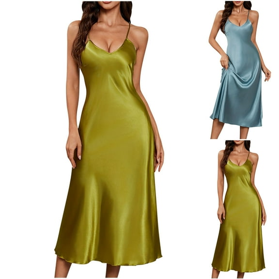 CFLVAEK Silk Nightgowns for Women Comfy Scoop Neck Chemise Nightgown Spaghetti Strap Cami Sleepwear Elegant Long Sleep Dress XL