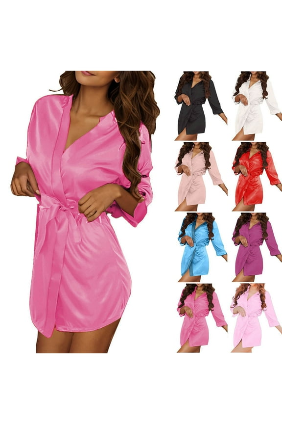 Silk Robes for Women Knee Length Kimono Robe Lightweight Long Sleeve Sleepwear with Belt Hot Pink Free Size