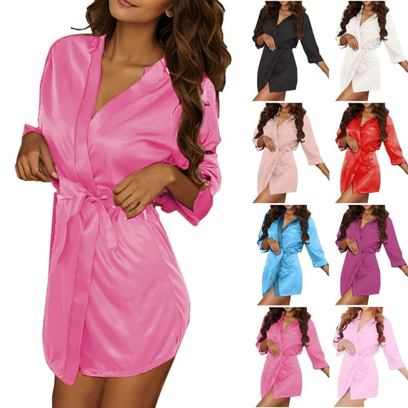 CFLVAEK Silk Robes for Women Knee Length Kimono Robe Lightweight Long Sleeve Sleepwear with Belt Hot Pink Free Size