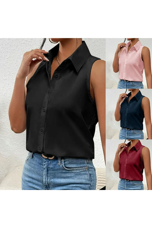 Sleeveless T Shirts for Women Button Down Lapel Collared Tank Tops Summer Solid Color Basic Shirts Dressy Casual Tank Top Pink XXL
