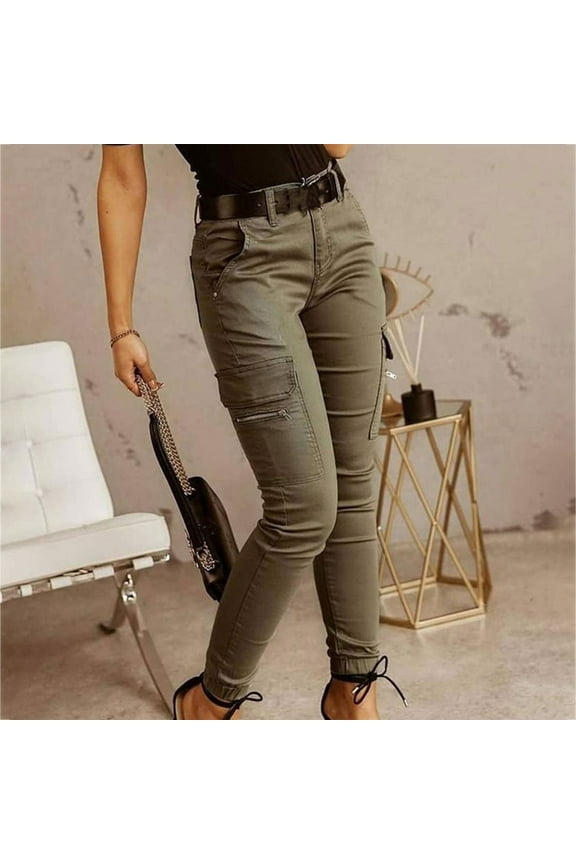 Slim Cargo Pants Women Comfy Low Waist Fitted Pants with Pockets Casual Cinch Bottom Leggings Solid Color Casual Fall Pant Khaki S