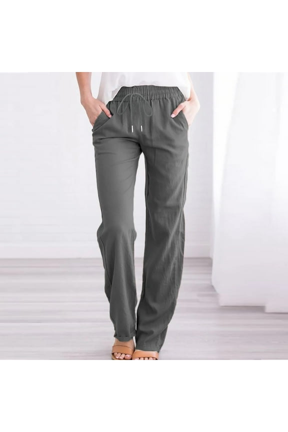 Slim Leg Trouser Style Lounge Pants for Petite Women with Drawstring Elastic High Waist Pull On Pant Loose Solid Beach Trousers Casual Full Length Work Slacks Gray S