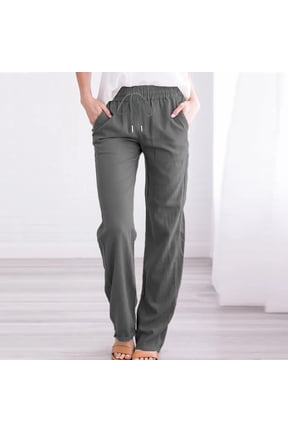 Slim Leg Trouser Style Lounge Pants for Women with Drawstring Elastic High Waist Pull On Pant Loose Solid Beach Trousers Casual Full Length Work Slacks Gray M