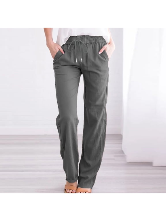 Slim Leg Trouser Style Lounge Pants for Women with Drawstring Elastic High Waist Pull On Pant Loose Solid Beach Trousers Casual Full Length Work Slacks Gray L