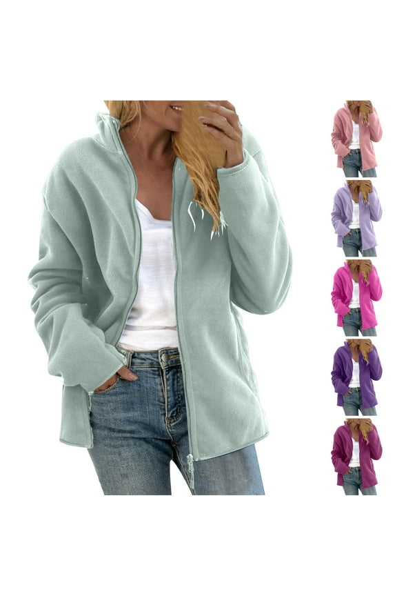 Soft Polar Fleece Jackets for Women Plus Size Thick Zip Up Jacket Casual Long Sleeve Hiking Coat Warm Winter Outwear Green XXL