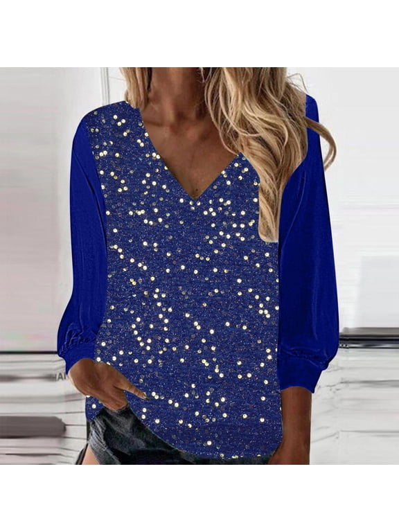Sparkle Blouses for Women Sequin Glitter Party Blouse Plus Size Long Sleeve T Shirts Comfy V Neck Cocktail Party Clubwear Blue XXXL