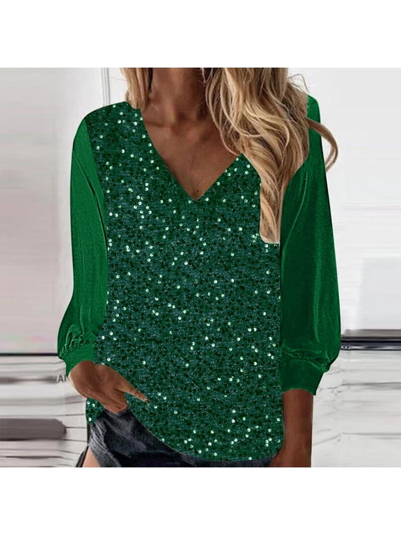Sparkle Blouses for Women Sequin Glitter Party Blouse Plus Size Long Sleeve T Shirts Comfy V Neck Cocktail Party Clubwear Green L