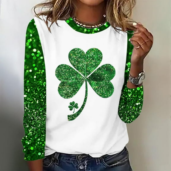 CFLVAEK St Patrick's Day Shirt for Women Plus Size Long Sleeve Paddys Day T Shirts Novelty Irish Shamrock Graphic Crewneck Blouse Tops