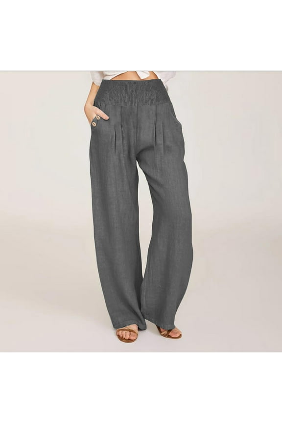Straight Going Out Slacks Women High Waisted Wide Leg Drawstring Pant Loose Fitting Plain Cotton Linen Trousers Lightweight Yoga Beach Pants with Pocket