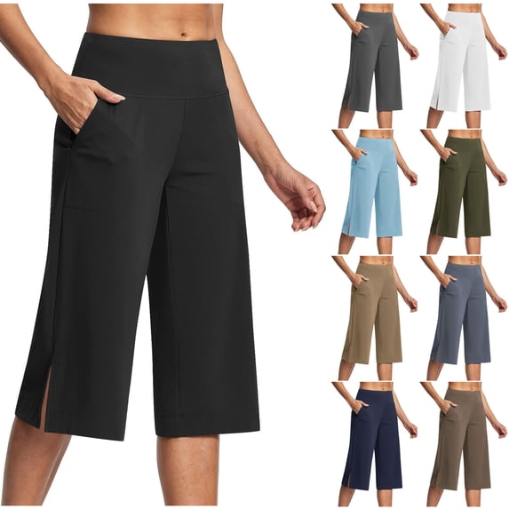 CFLVAEK Stretch Capris for Women Athletic Wide Leg Side Slit Capri Pants with Pockets Comfy Elastic High Waisted Yoga Workout Capri Pants Light Blue M
