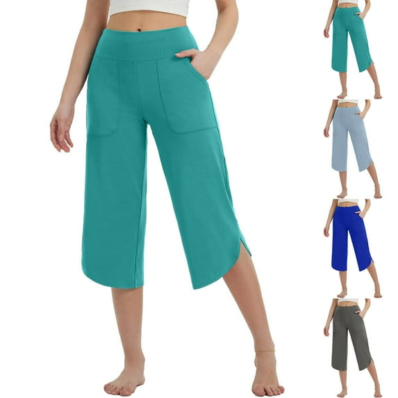 CFLVAEK Stretch Capris for Women with Pockets Loose Fit Split Wide Leg Workout Capri Pants Casual Summer High Waisted Yoga Cropped Pants Light Blue XXL