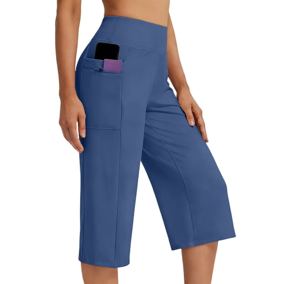 CFLVAEK Stretch Capris for Women with Side Pockets Plus Size High Waisted Tummy Control Yoga Pants Solid Color Wide Leg Workout Capri Pant Blue XXL