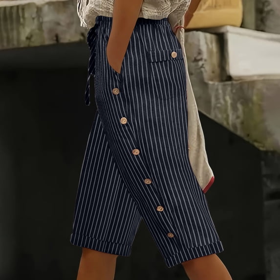 CFLVAEK Striped Capris for Women with Pockets Drawstring Waist Cotton Linen Capri Pants Casual Summer Loose Wide Leg Crop Pant Navy XL