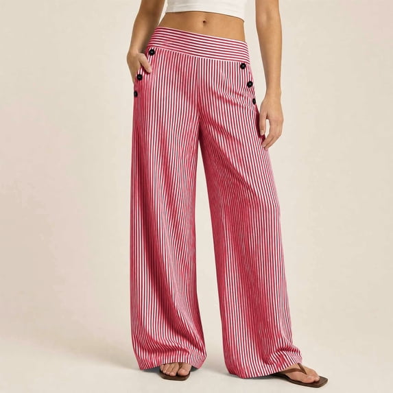 CFLVAEK Striped Pants for Women Loose Fit Straight Wide Leg Trousers Casual Summer High Waisted Long Pant for Beach Vacation Red L