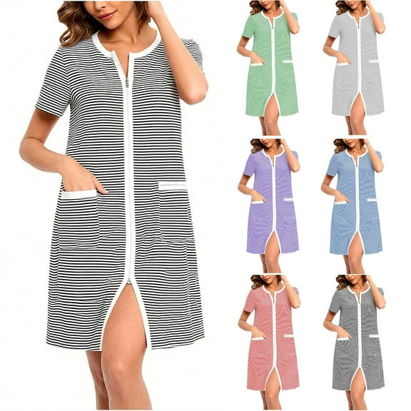 CFLVAEK Striped Robes for Women Lightweight Short Sleeve Nightgowns Cozy Knee Length Zipper Robe with Pockets Black L