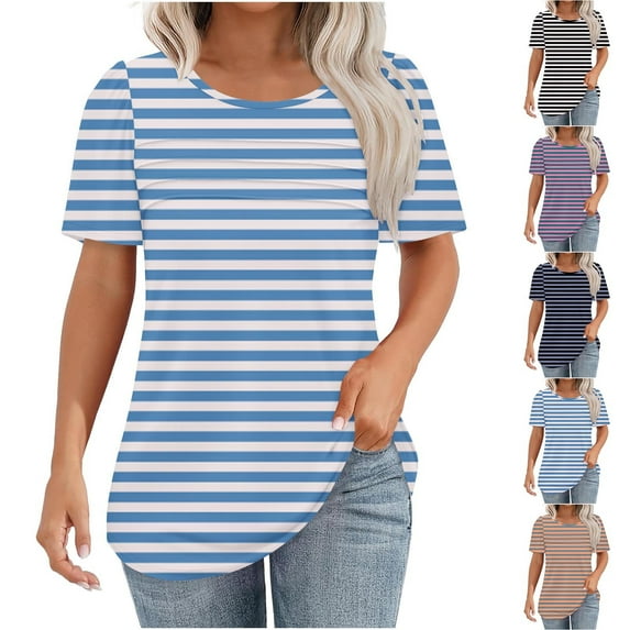 CFLVAEK Striped Shirts for Women Loose Short Sleeve Round Neck Blouses Curved Hem Pleated Tunic Blouse Spring Summer Going Out Tops Navy XL