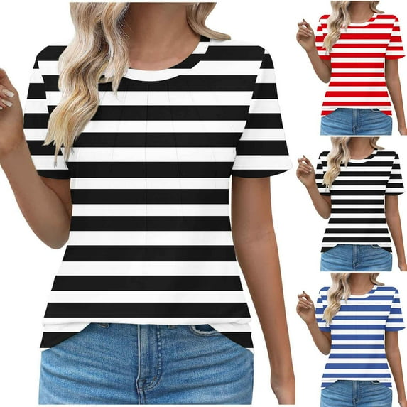 CFLVAEK Striped Shirts for Women White and Black Plus Size Round Neck Pleated Shirt Dressy Dressy Dressy Casual Short Sleeve Tunic Tops Blue XXL