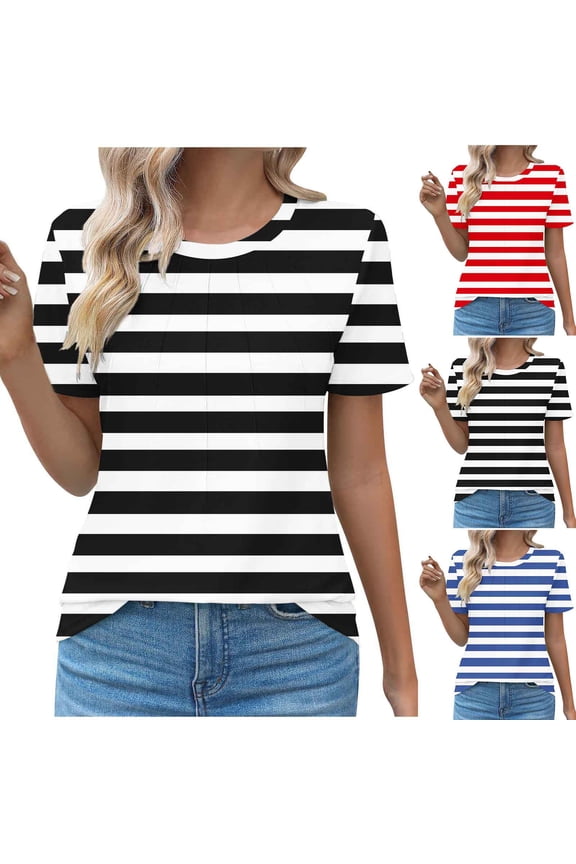 Striped Shirts for Women White and Black Plus Size Round Neck Pleated Shirt Dressy Dressy Dressy Casual Short Sleeve Tunic Tops Red XXL
