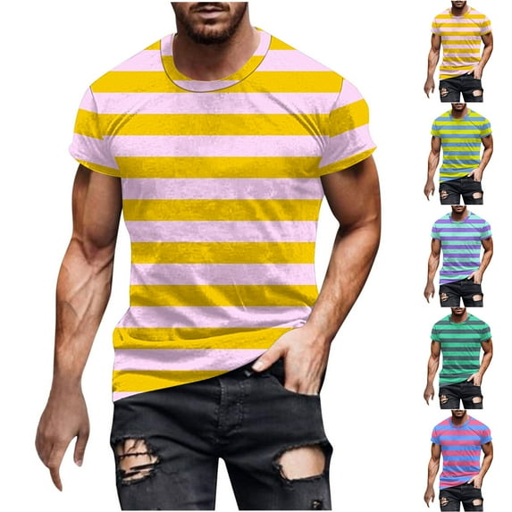 CFLVAEK Striped T Shirt Men Big and Tall Short Sleeve Summer Tshirts Comfy Crew Neck Tshirt for Workout Gym Fitness Blue XXXL