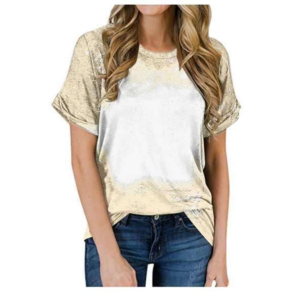 CFLVAEK Sublimation Blank Shirts for Women Casual Bleached Short Sleeve Blouses Loose Fitted Round Neck Going Out Tunics