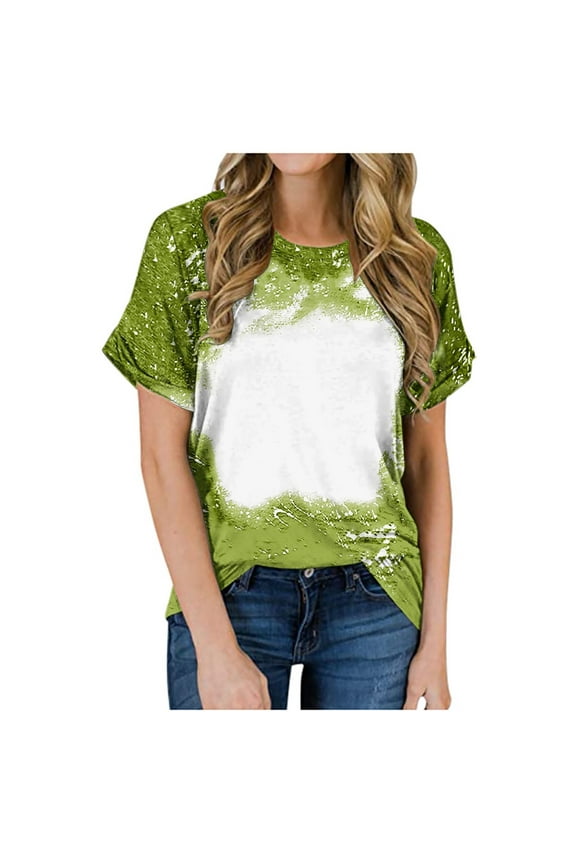 Sublimation Blank Shirts for Women Casual Bleached Short Sleeve Blouses Loose Fitted Round Neck Tunics