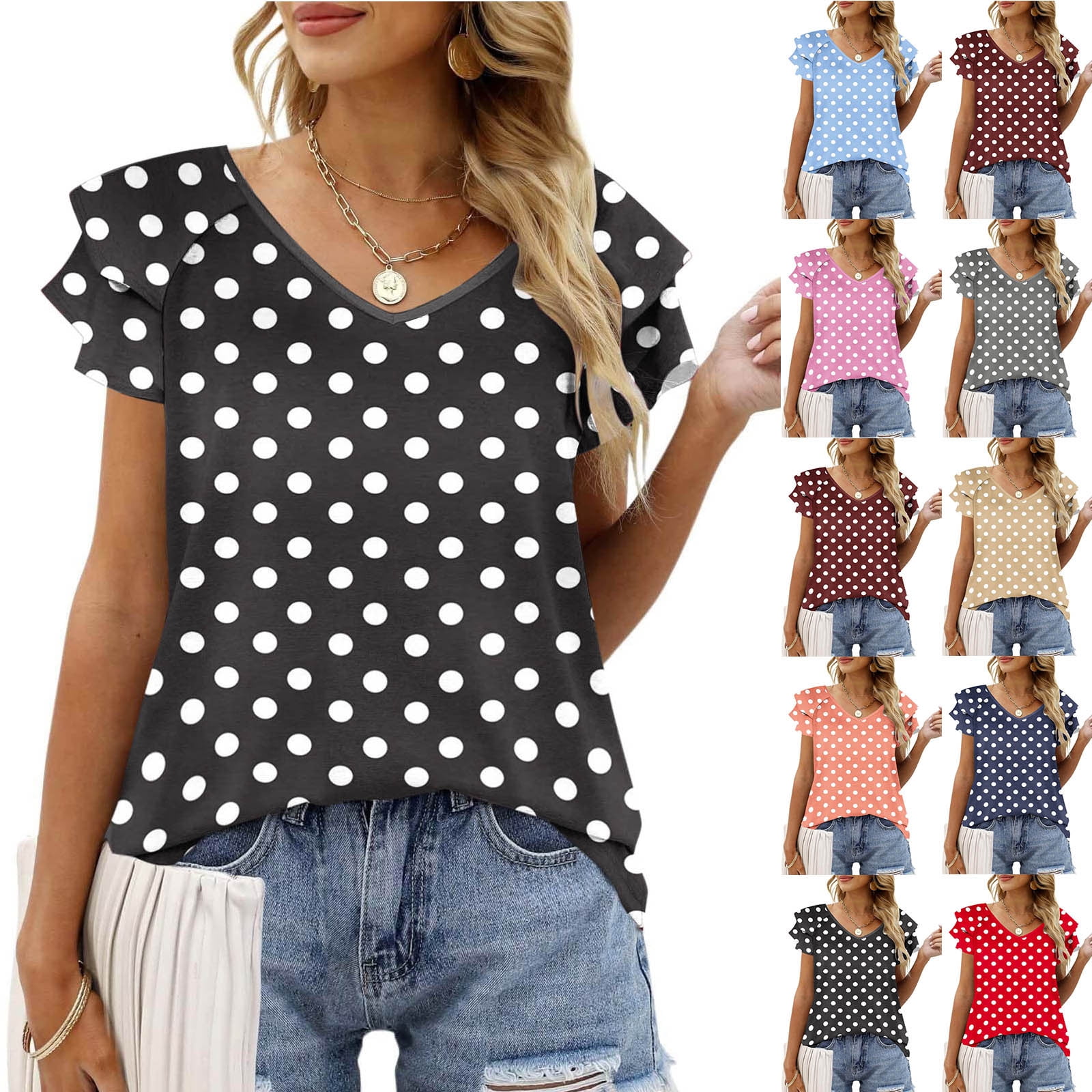 FEEKEKE Women's Chiffon Blouse - Polka Dot V-Neck Short Sleeve Casual Top, Loose Fit - View #10