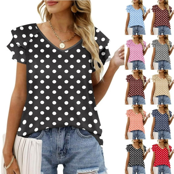 CFLVAEK Summer Blouse for Women Dressy Dressy Dressy Casual Petal Sleeve Shirts Elegant Polka Dot Print Blouses Loose Fit V Neck Tunic Tops Blue XXL