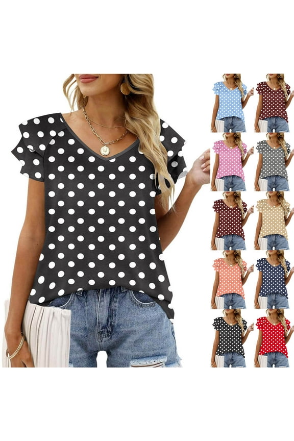 Summer Blouse for Women Dressy Dressy Dressy Casual Petal Sleeve Shirts Elegant Polka Dot Print Blouses Loose Fit V Neck Tunic Tops 2025 Red L