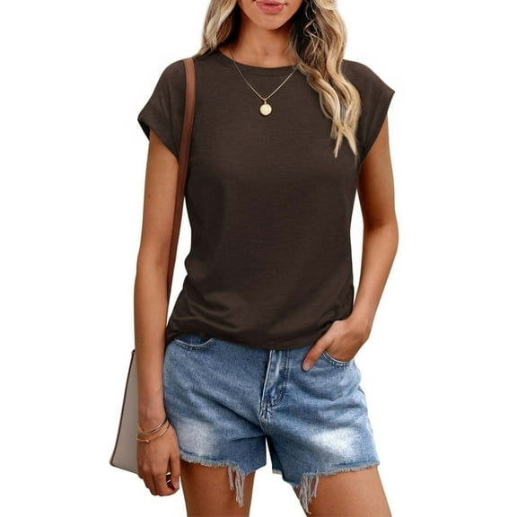 CFLVAEK Summer Cap Sleeve Tshirts for Women Casual Round Neck T Shirts Loose Solid Color Basic Tees 2025 Coffee M