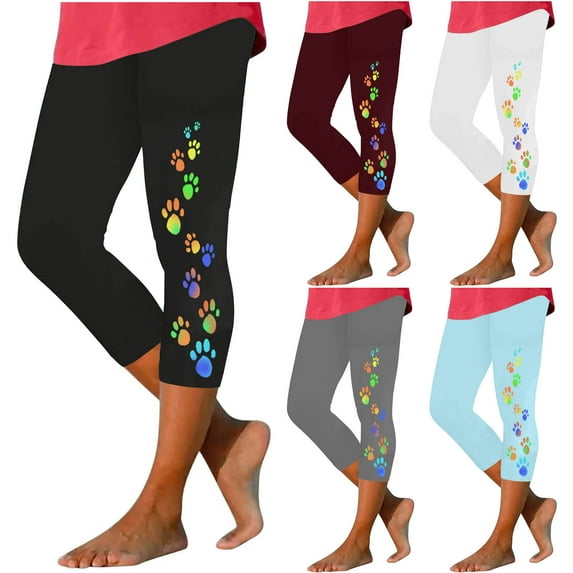CFLVAEK Summer Capri Leggings for Women Cute Paw Graphic Cropped Yoga Pants High Waisted Tummy Control Workout Bottom Leggings 2025 Black M