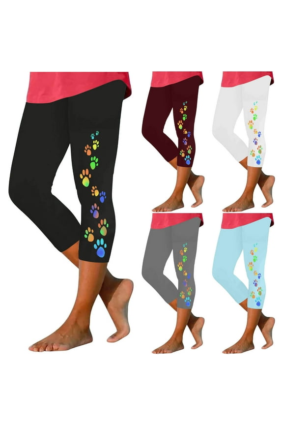 Summer Capri Leggings for Women Cute Paw Graphic Cropped Yoga Pants High Waisted Tummy Control Workout Bottom Leggings 2025 White XL