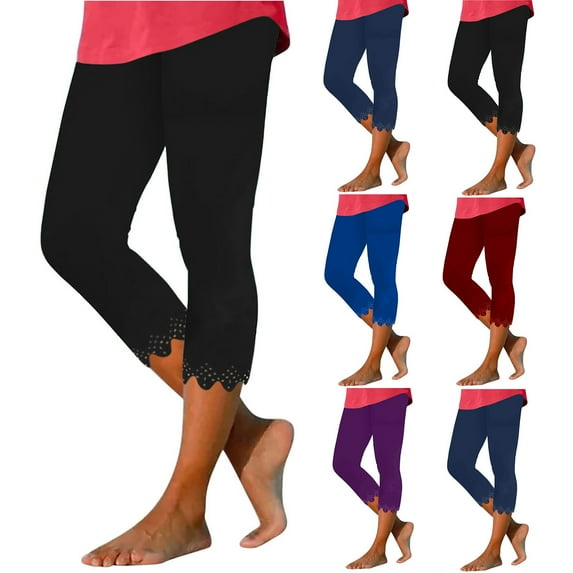 CFLVAEK Summer Capri Leggings for Women Plus Size Yoga Pants Comfy Soft High Waisted Cropped Pants Solid Color Hollow Out Capris Blue XXXL