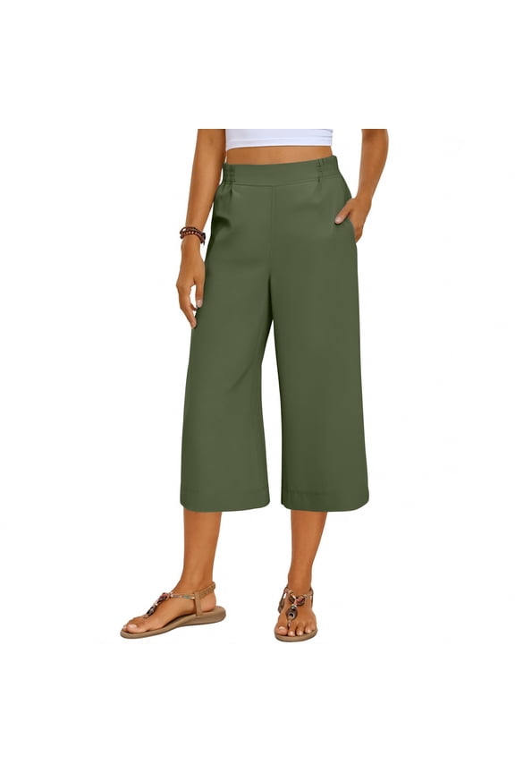 Summer Capris for Women Casual Wide Leg Side Slit Capri Pants with Pockets Comfy Elastic High Waist Capri Pants Solid Color Lounge Cropped Pants Mint Green XXL