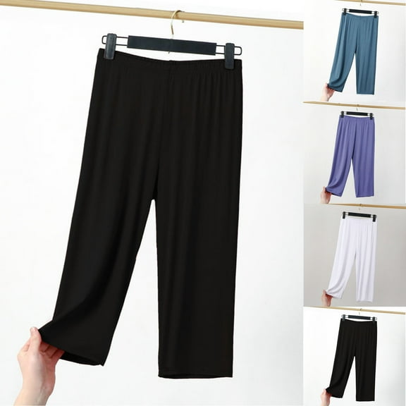 CFLVAEK Summer Capris for Women Plus Size Elastic Waist Capri Pants Lightweight Wide Leg Lounge Pants Solid Color Cropped Trousers Black XXXXL