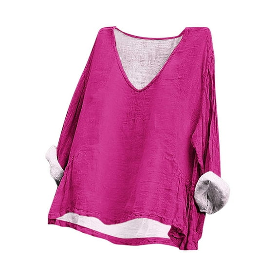CFLVAEK Summer Casual Long Sleeve Shirts Women Boxy Solid Cotton Linen Blouse Baggy Batwing Tunics Oversized Scoop Neck Resort Tops Markdown
