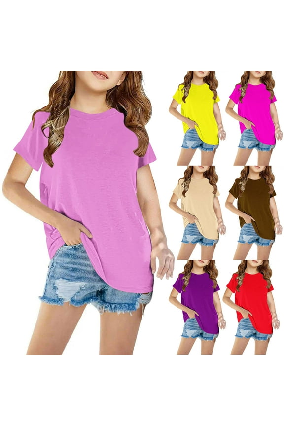 Summer Casual Tshirt for Girls Loose Fit Short Sleeve T Shirts Plain Color Basic Tees Comfy Crewneck Vacation Beach Tops Pink Size 3 Years