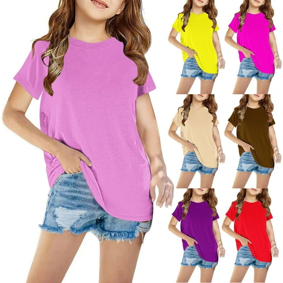 CFLVAEK Summer Casual Tshirt for Girls Loose Fit Short Sleeve T Shirts Plain Color Basic Tees Comfy Crewneck Vacation Beach Tops Pink Size 7 Years