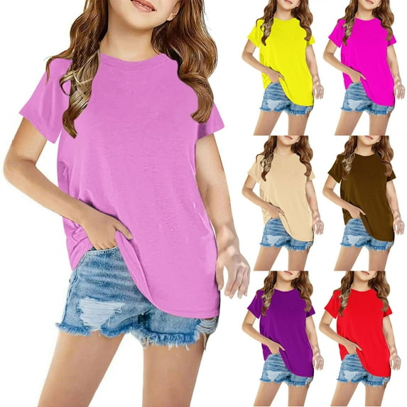 CFLVAEK Summer Casual Tshirt for Girls Loose Fit Short Sleeve T Shirts Plain Color Basic Tees Comfy Crewneck Vacation Beach Tops Purple Size 3 Years