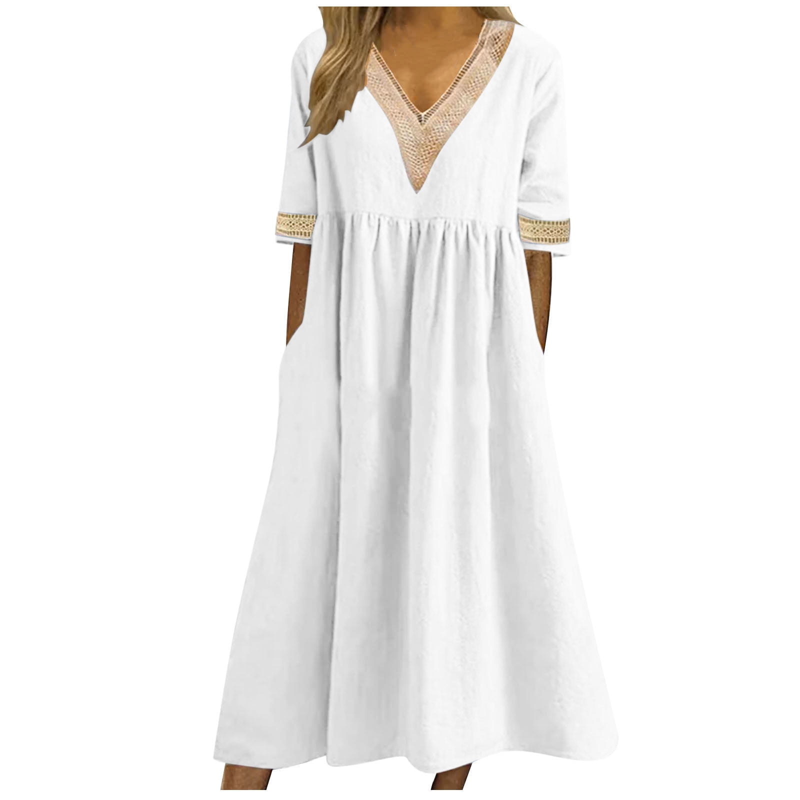 CFLVAEK Summer Gauze Cotton Linen Dresses for Women with Pocket Plus Size  Short Sleeve Resort Wear Dress Casual Solid Color Beach Dresses Loose Fit  Eyelet V Neck Midi Long Dress White XXXL -