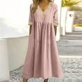 thumbnail image 1 of CFLVAEK Summer Gauze Cotton Linen Dresses for Women with Pocket Plus Size Short Sleeve Resort Wear Dress Casual Solid Color Beach Dresses Loose Fit Eyelet V Neck Midi Long Dress, 1 of 6