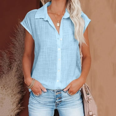 CFLVAEK Summer Linen Shirts for Women Button Down Short Cap Sleeve Blouse Loose Comfy V Neck Collared Dressy Basic Shirts for Work