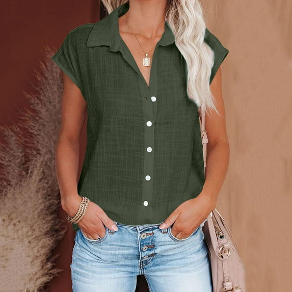 CFLVAEK Summer Linen Shirts for Women Button Down Short Cap Sleeve Blouse Loose Comfy V Neck Collared Dressy Basic Shirts for Work