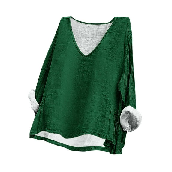 Black_Friday Deals CFLVAEK Summer Long Sleeve Shirts for Women Flowy Solid Linen Blouse Loose Fit Batwing Tunics Breathable Scoop Neck Beach Tees Shirt Lightning Deals of Today Markdown