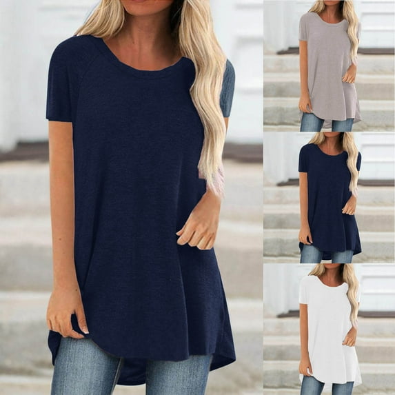 CFLVAEK Summer Long Tshirts for Women Casual Short Sleeve Tshirt Loose Fit Crew Neck Tunic Tops Solid Color Vacation Tops White S