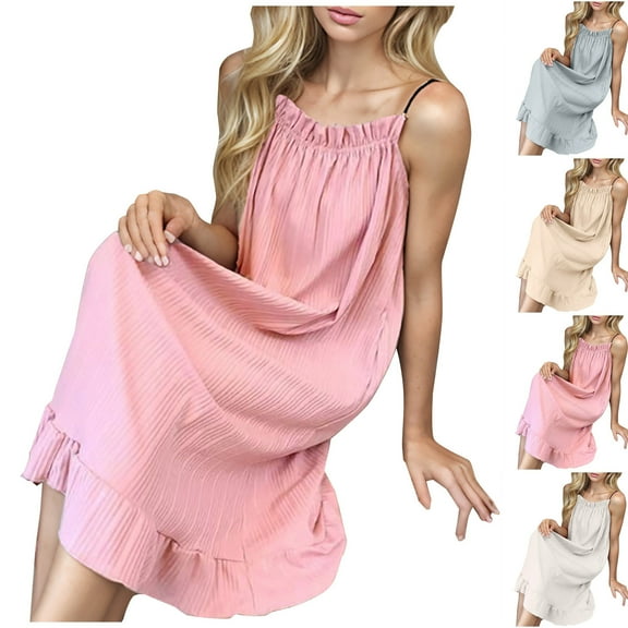 CFLVAEK Summer Nightgowns for Women Comfy Spaghetti Strap Pleated Chemise Nightgown Long Sleepdress Lightweight Ribbed Sleepwear XL