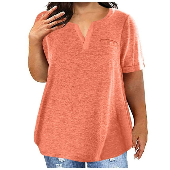 CFLVAEK Summer Plus Size Women's Tshirts 2025 Loose Fitting Notch V Neck Tunic Tshirt Casual Short Sleeve T Shirts Solid Color Basic Tees Orange XXXXXL