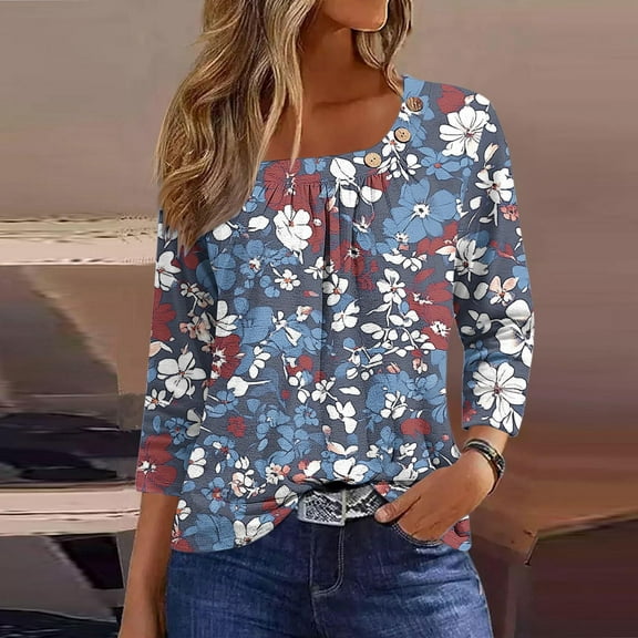CFLVAEK Summer Shirts for Women Plus Size Square Neck Pleared Blouses Dressy Dressy Dressy Casual 3/4 Sleeve Tunic Tops Elegant Floral Print Ladies Shirt Navy XXL